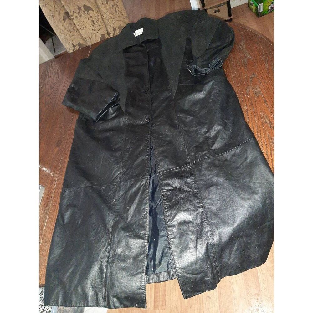Vintage 1X Charles Klein Black Leather Suede Trim Trench Coat Long Coat Jacket